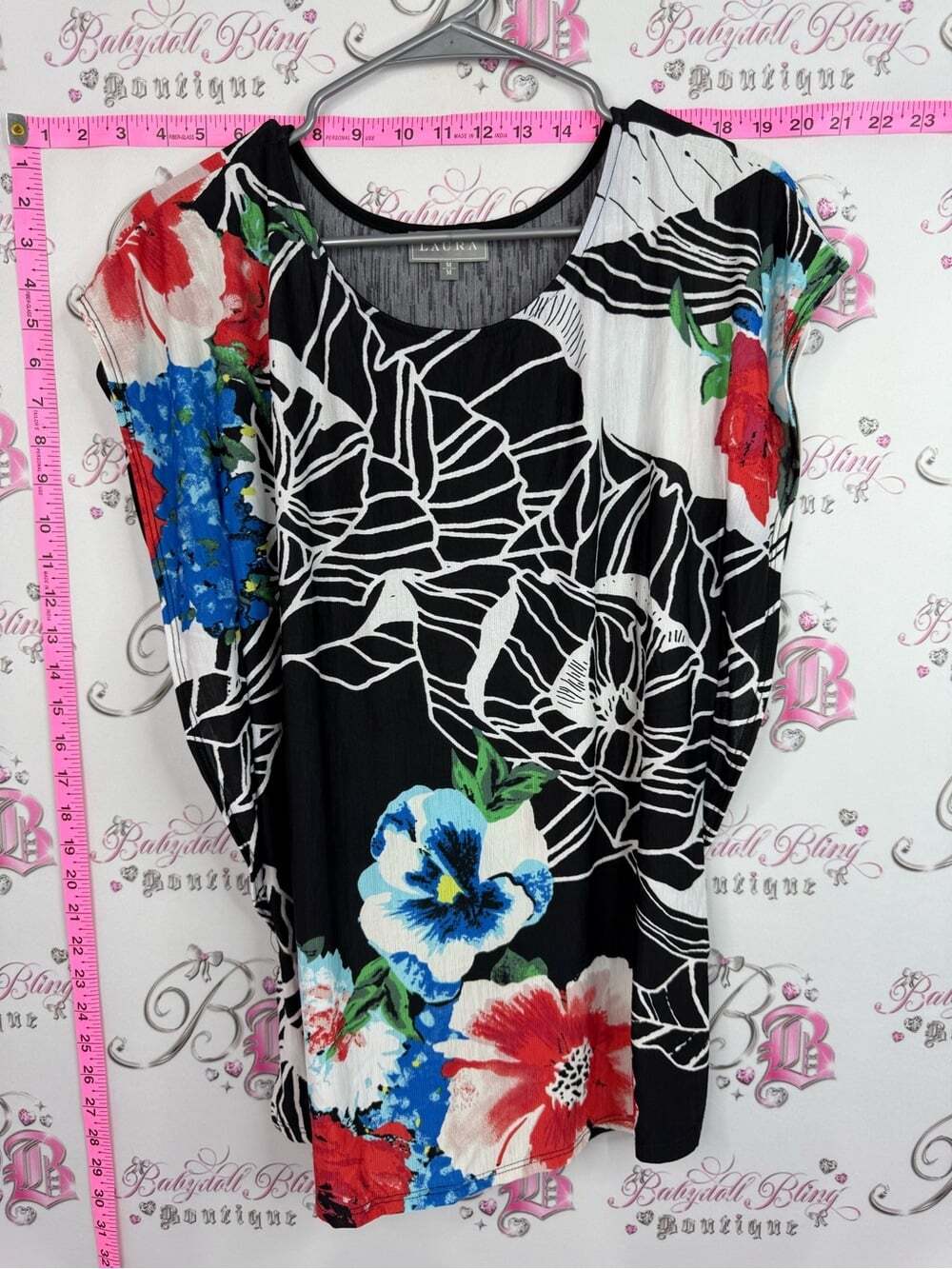 Laura top Cap Sleeve Floral Print Blouse in Black with Red & Blue Flowers